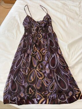 100% Silk Purple and Brown Teardrop-Print Midi Sundress